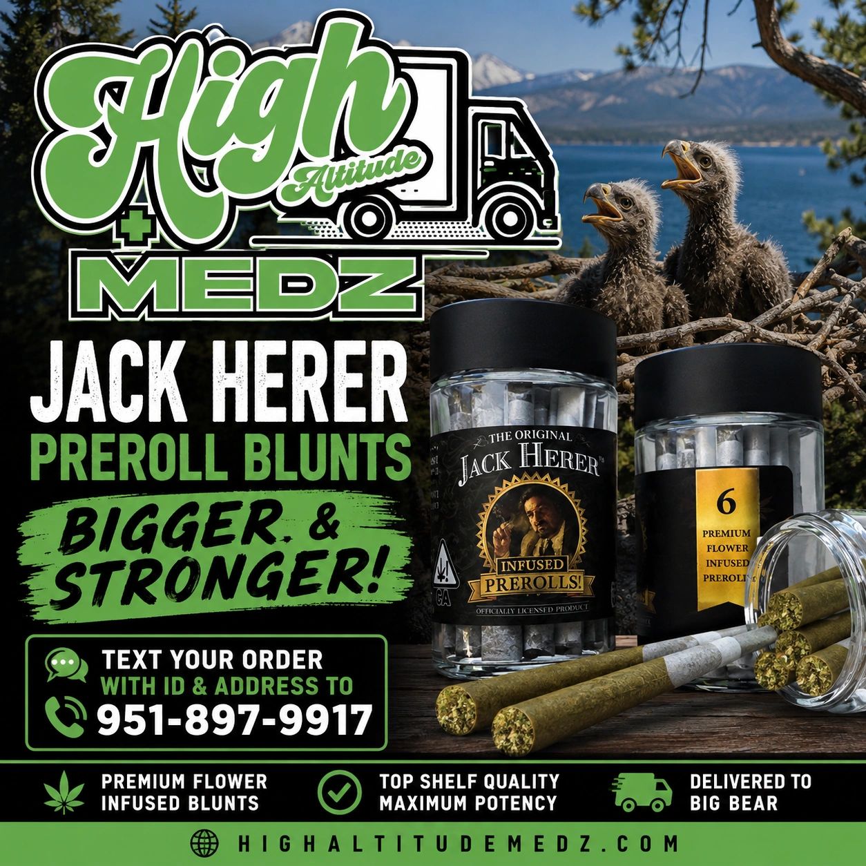 Image of  baby eagles  - text for the Jack Herer Preroll Blunts, Bigger & Stronger.