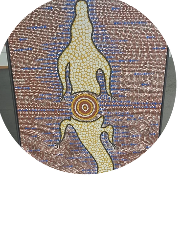 Dot painting of a crocodile moving upstream