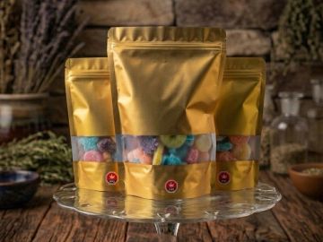 Three golden pouches filled with colorful candies on a glass stand.