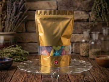 Golden pouch with colorful candies displayed on a glass stand.