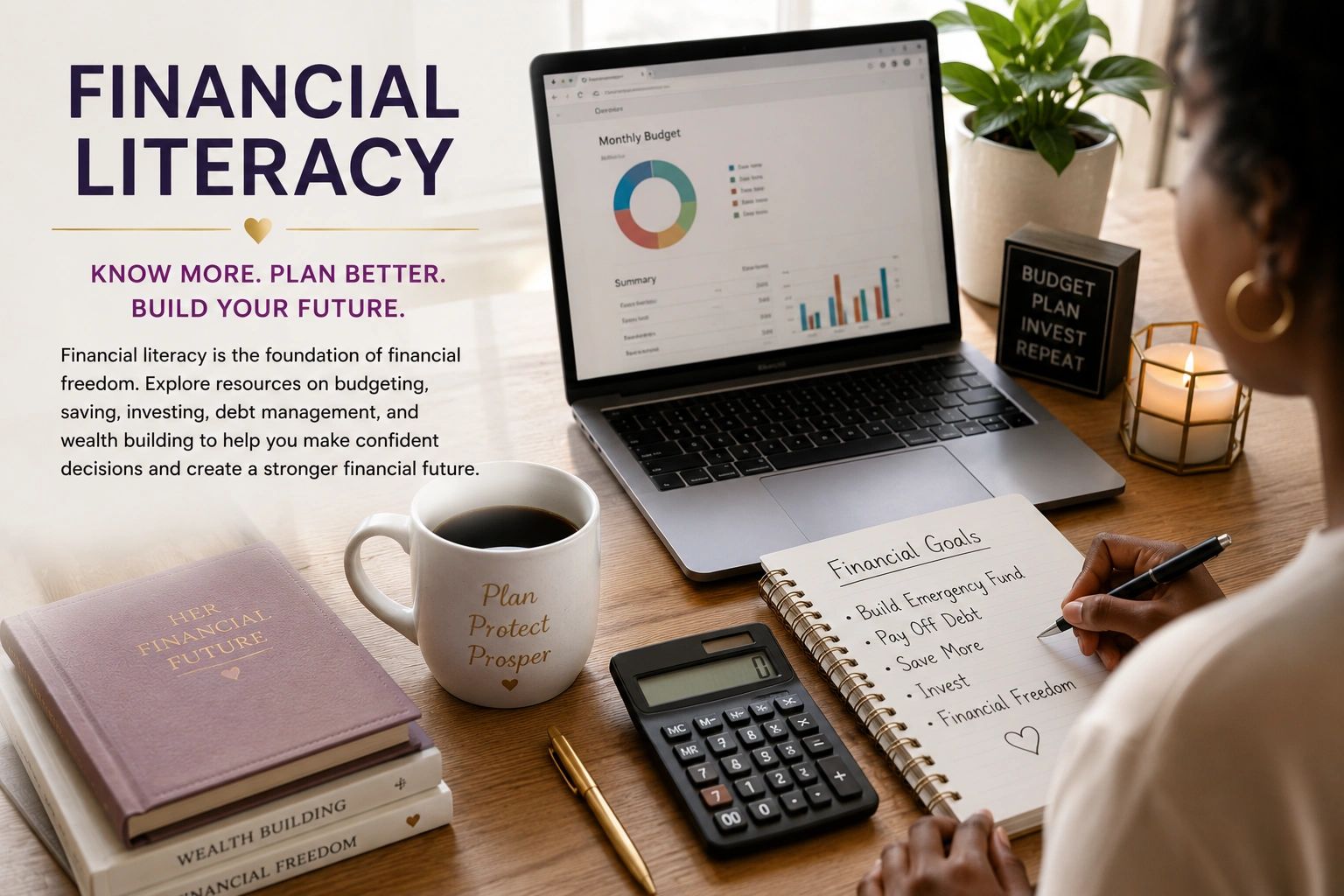 Financial literacy workspace with budgeting tools, financial goals, and wealth-building resources.