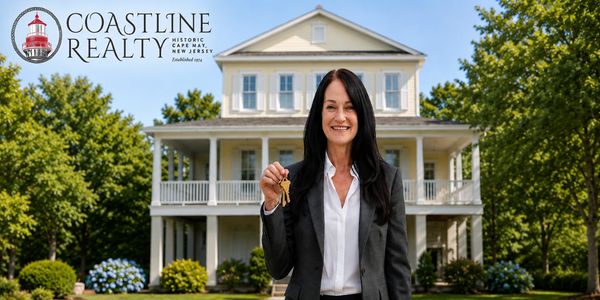 Real estate agent holding keys in front of a house.