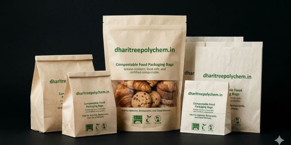 Compostable food packaging bags for bakeries and restaurants with clear front.
