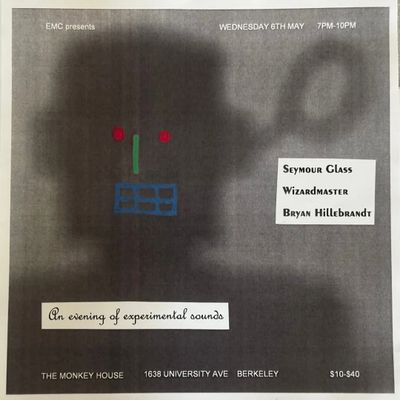 Experimental sounds event poster with abstract face and performer names.
