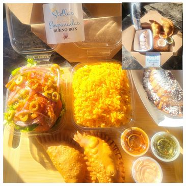 Try our individual meal boxes!!
Includes your choice of 3 empanadas, fresh toss salad, Spanish yello