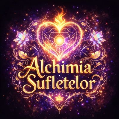 Glowing heart and floral design with 'Alchimia Sufletelor' text in golden script.