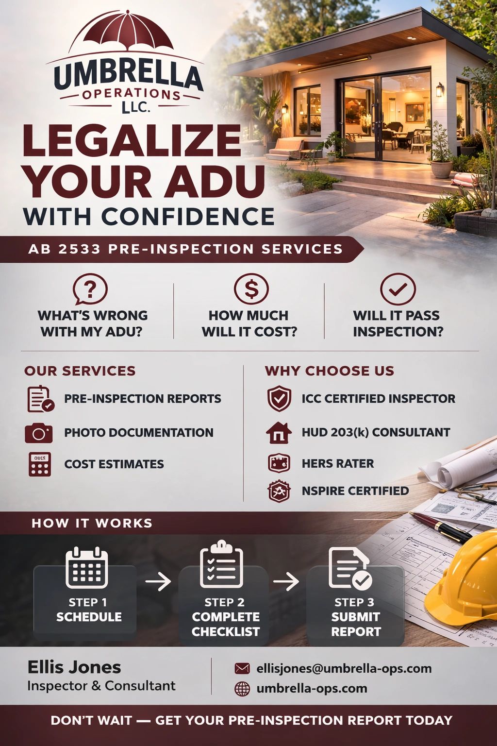 ADU pre-inspection services flyer by Umbrella Operations.