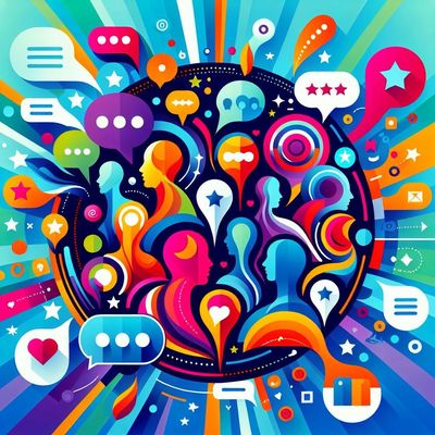 Colorful abstract illustration of diverse profiles and speech bubbles symbolizing communication.