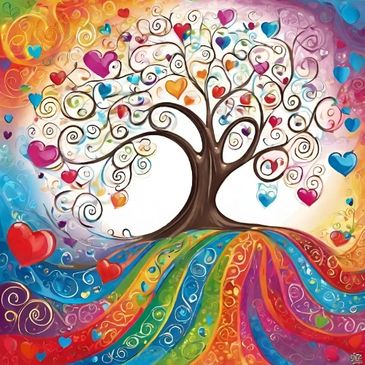 Colourful and whimsical tree of life with infinite flow and love with hearts