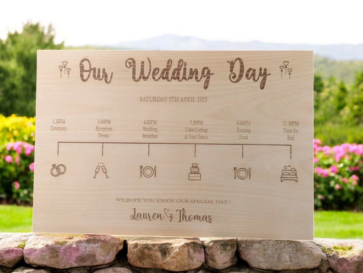'Our Wedding Day' title laser engraving onto wood, with an event timeline of the day underneath.