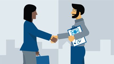 Illustration of a businesswoman shaking hands with a doctor holding medical charts.