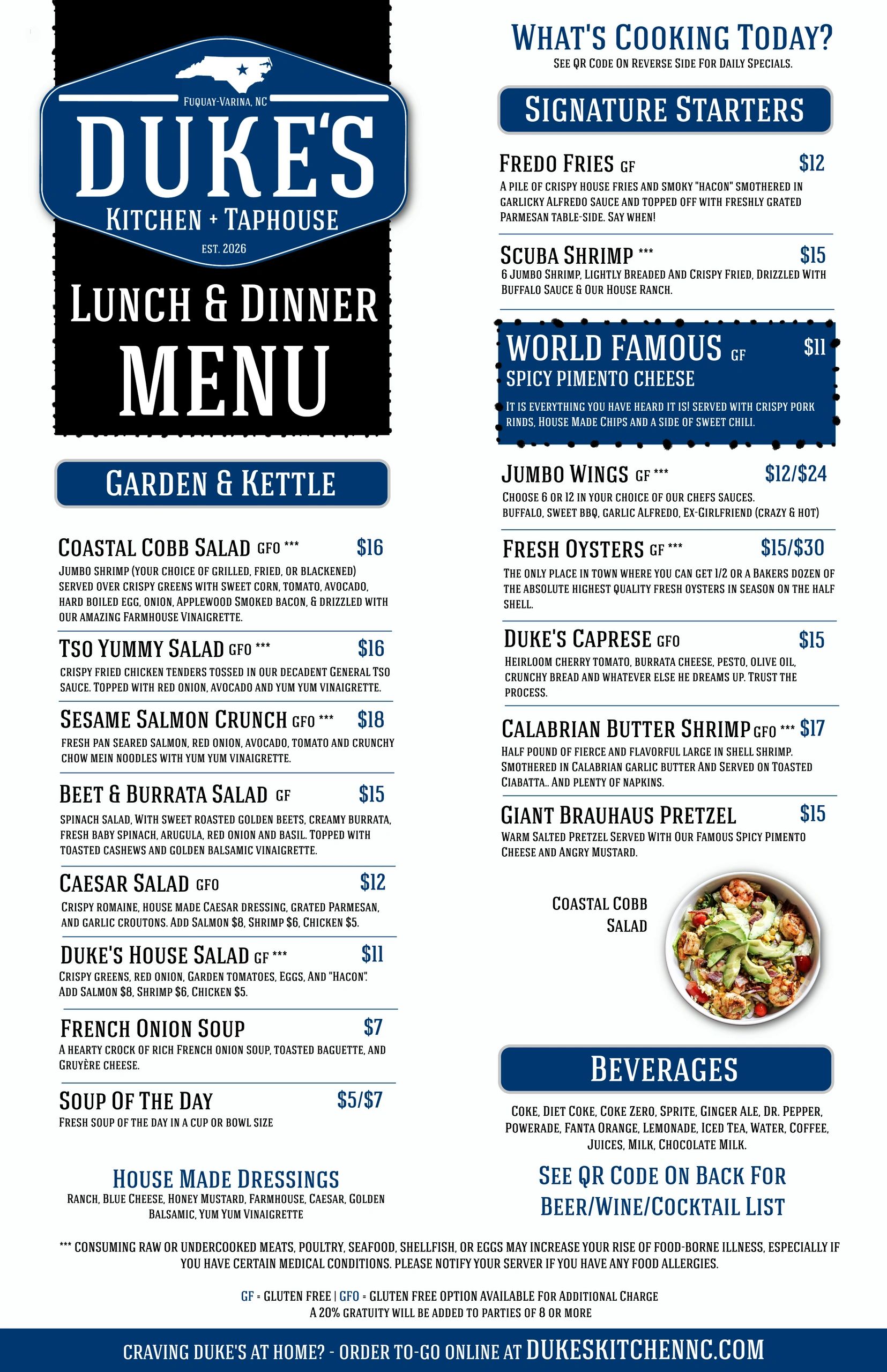 Duke's Kitchen + Taphouse lunch and dinner menu with salads, signature starters, and beverages.