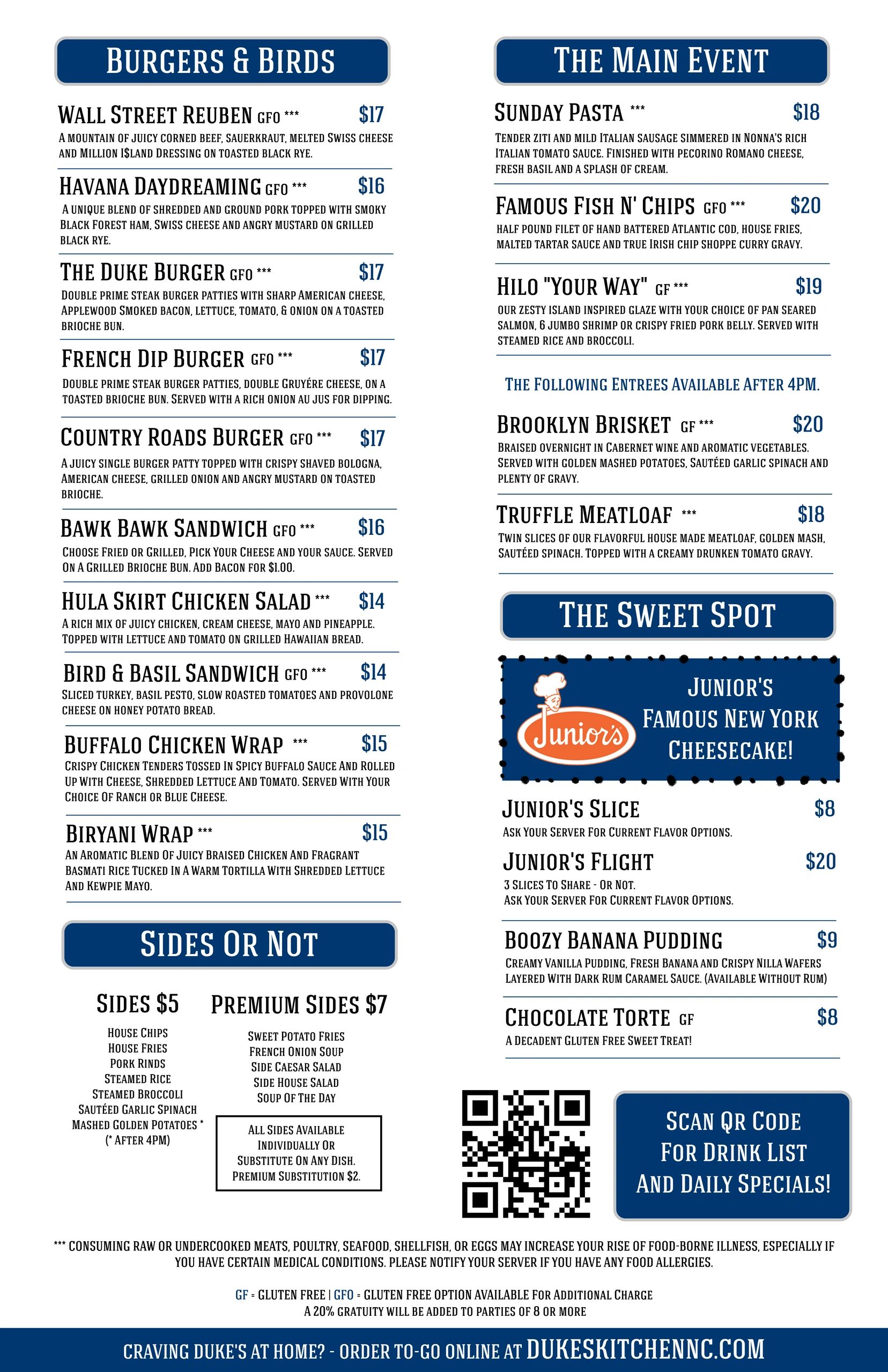 Menu featuring burgers, main dishes, sides, and desserts with prices and gluten-free options.