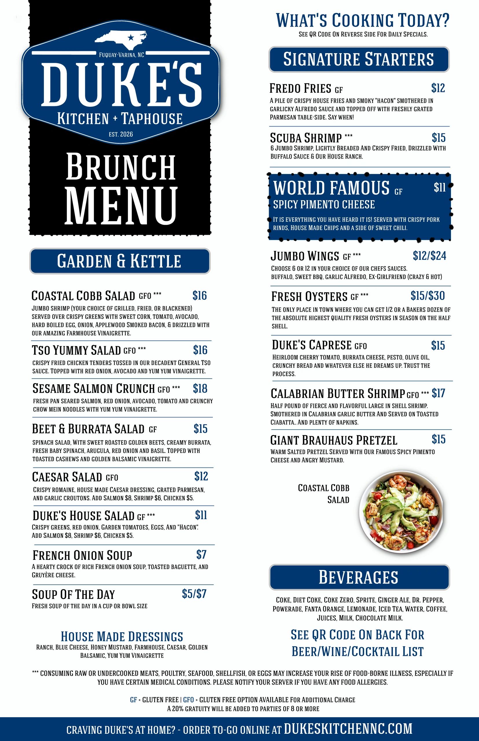 Brunch menu featuring salads, starters, soups, and beverages at Duke's Kitchen + Taphouse.