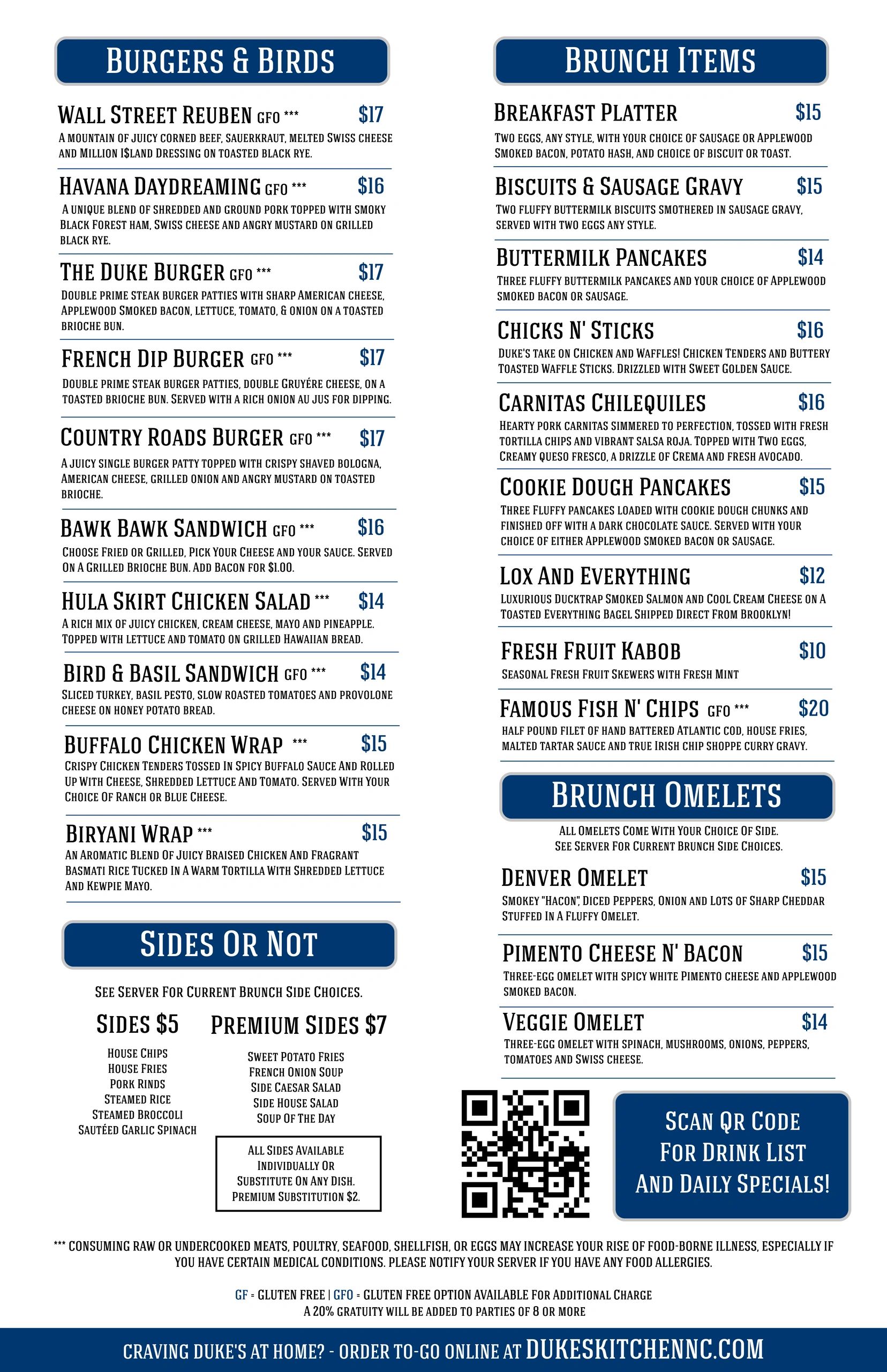 Menu featuring burgers, brunch items, sides, and omelets with prices and descriptions.