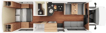Top-down view of a compact RV interior with kitchen, bed, and seating areas.