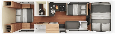 Top-down view of a compact RV interior with beds, kitchen, and bathroom.