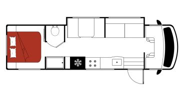Floor plan of a small RV with bed, kitchen, bathroom, and seating.