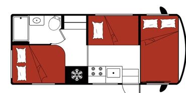 Floor plan of a small RV with three beds and a kitchenette.