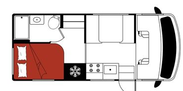 Top-down layout of a camper van interior with bed, kitchen, and bathroom.