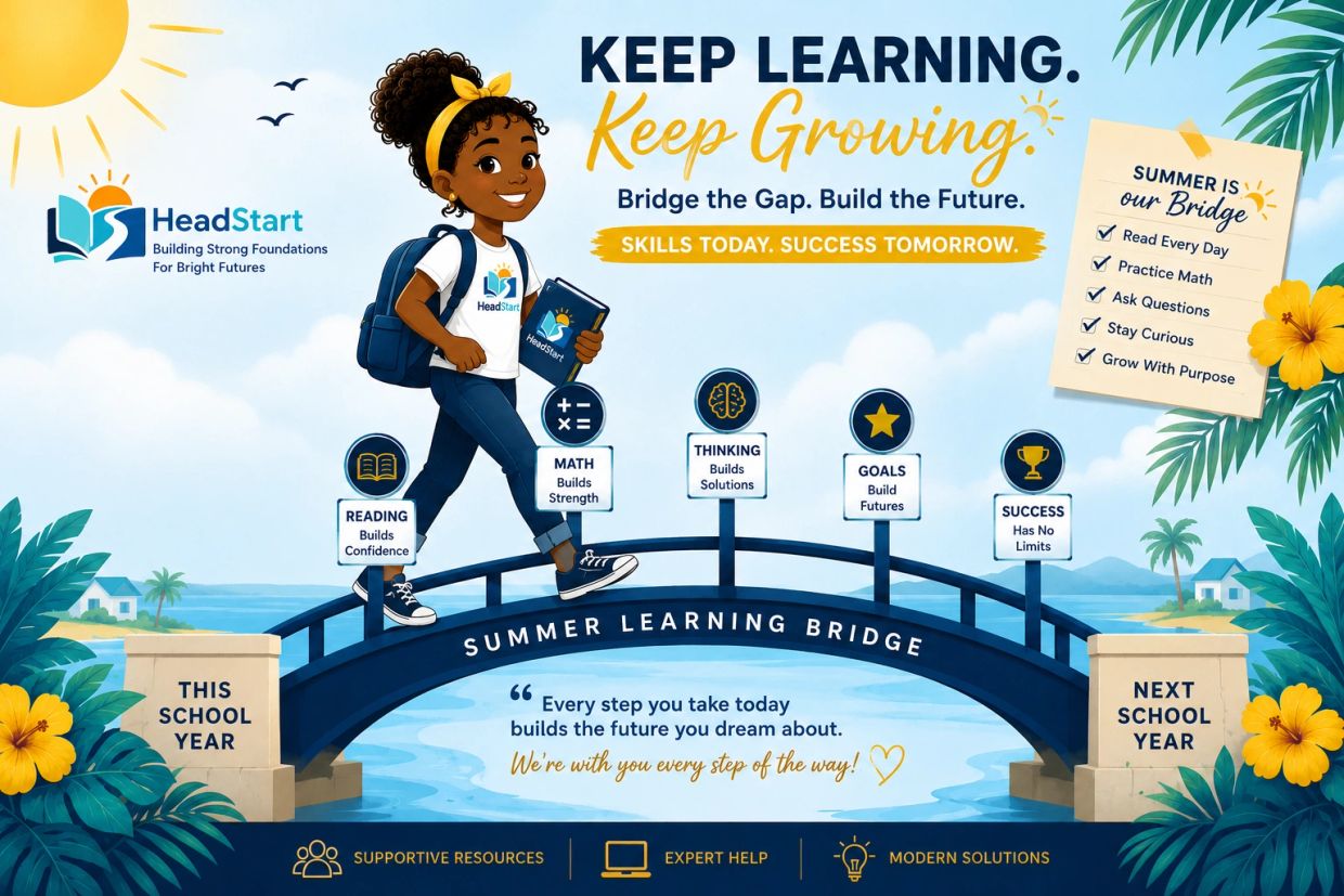 Illustration of a girl crossing a summer learning bridge to success with key skills and goals.