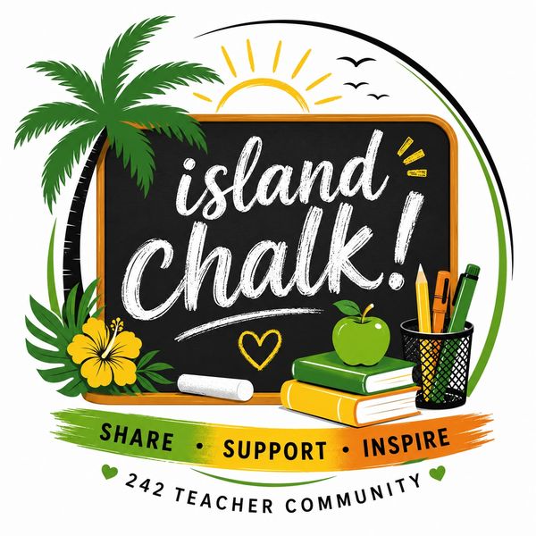 Chalkboard with 'island chalk!' surrounded by tropical and teaching elements.