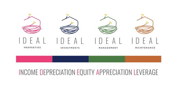 Four colorful logos representing Ideal Properties, Investments, Management, and Maintenance.