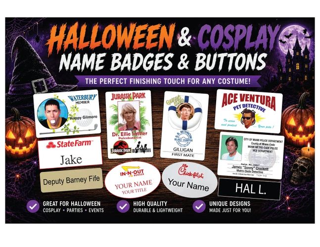 Halloween and cosplay name badges and buttons for costumes.