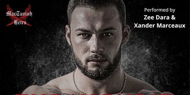 Portrait of a serious man with beard and chain, dark background, text about performers.