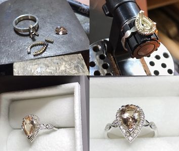 Handmade white gold morganite and diamond engagement ring