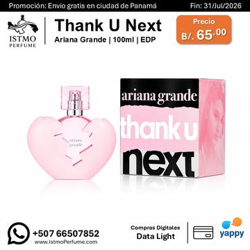 Perfume 'Thank U Next' by Ariana Grande, 100ml, priced at B/.65 with free shipping in Panama.