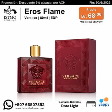 Versace Eros Flame 80ml perfume bottle and box, priced at B/.68 with a 5% discount for ACH payments.