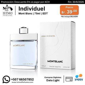 Perfume Mont Blanc Individuel 75ml EDT priced at B/. 39.00 with 5% off via ACH payment.