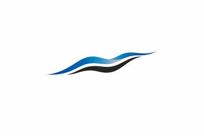 Stylized wave logo with blue, black, and white curved lines.