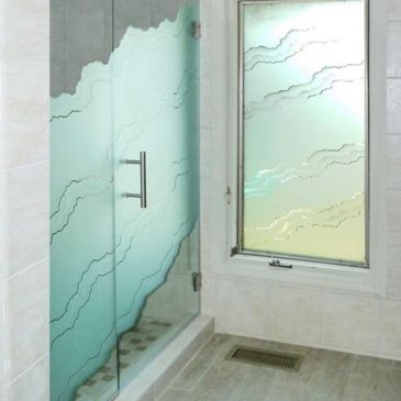 Acid etched Shower Glass design door sandblasted with waves