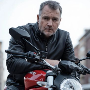 A serious man in a black leather jacket sitting on a red motorcycle.