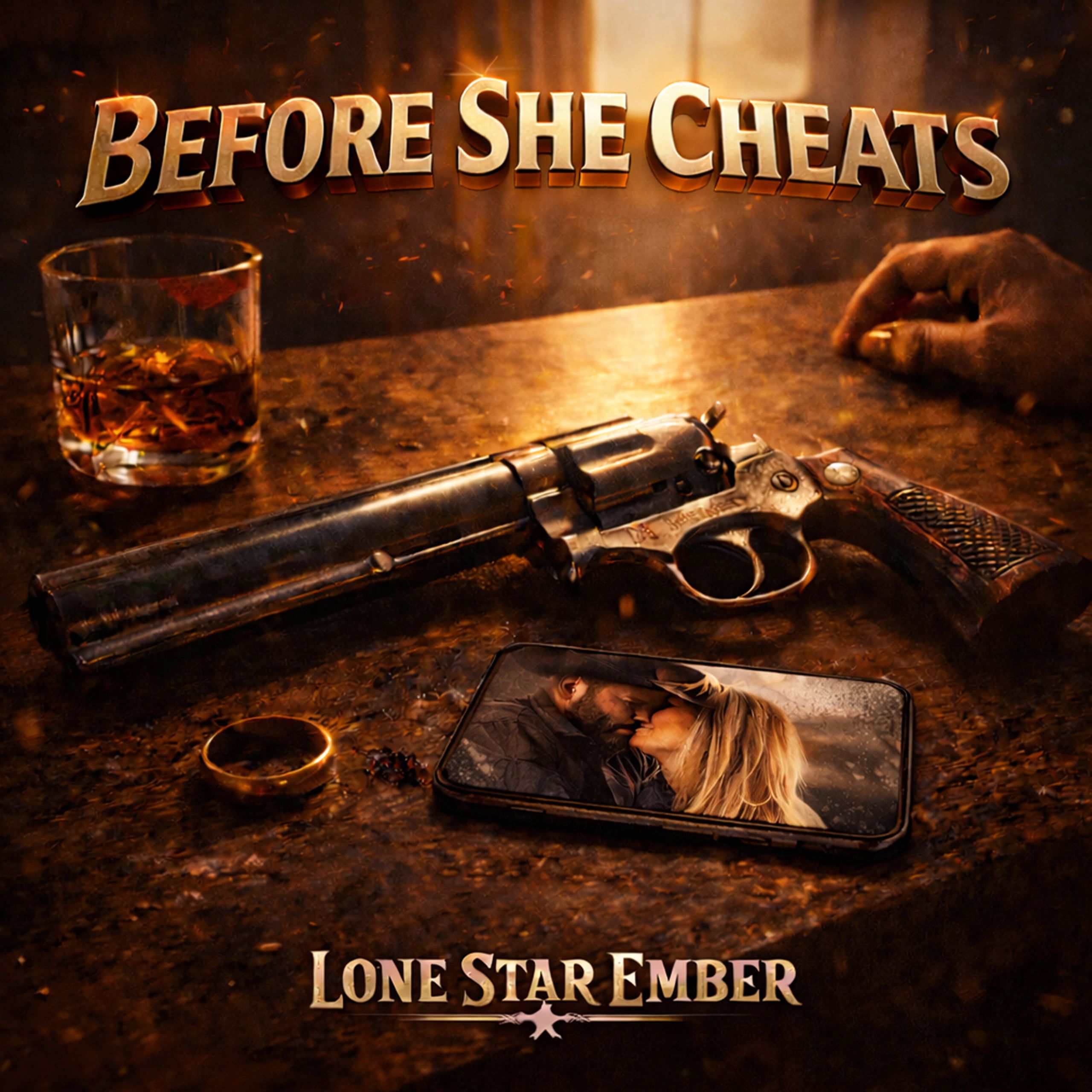 A dramatic scene with a revolver, whiskey, and a phone showing a couple, titled Before She Cheats.