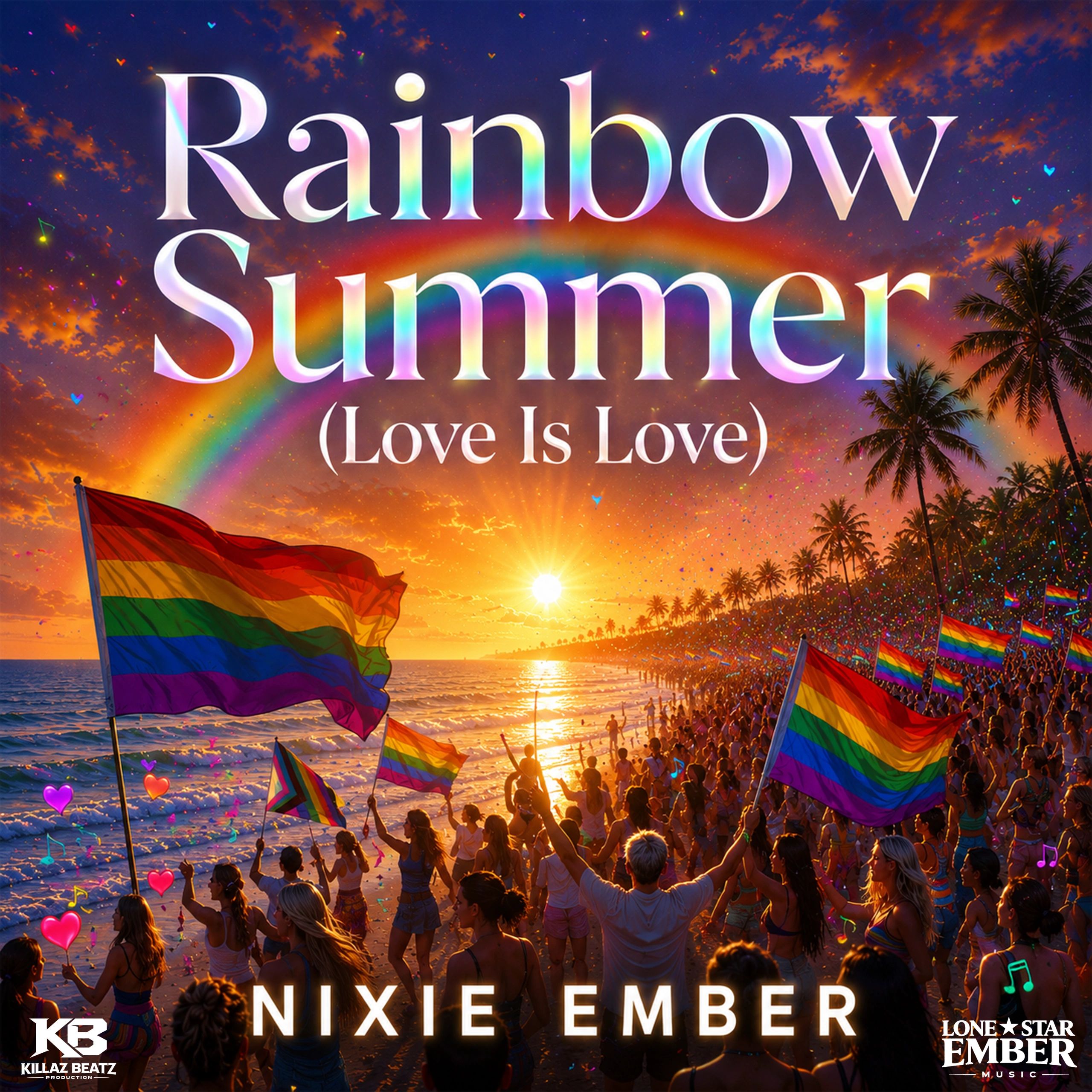 Vibrant beach celebration with rainbow flags and sunset.