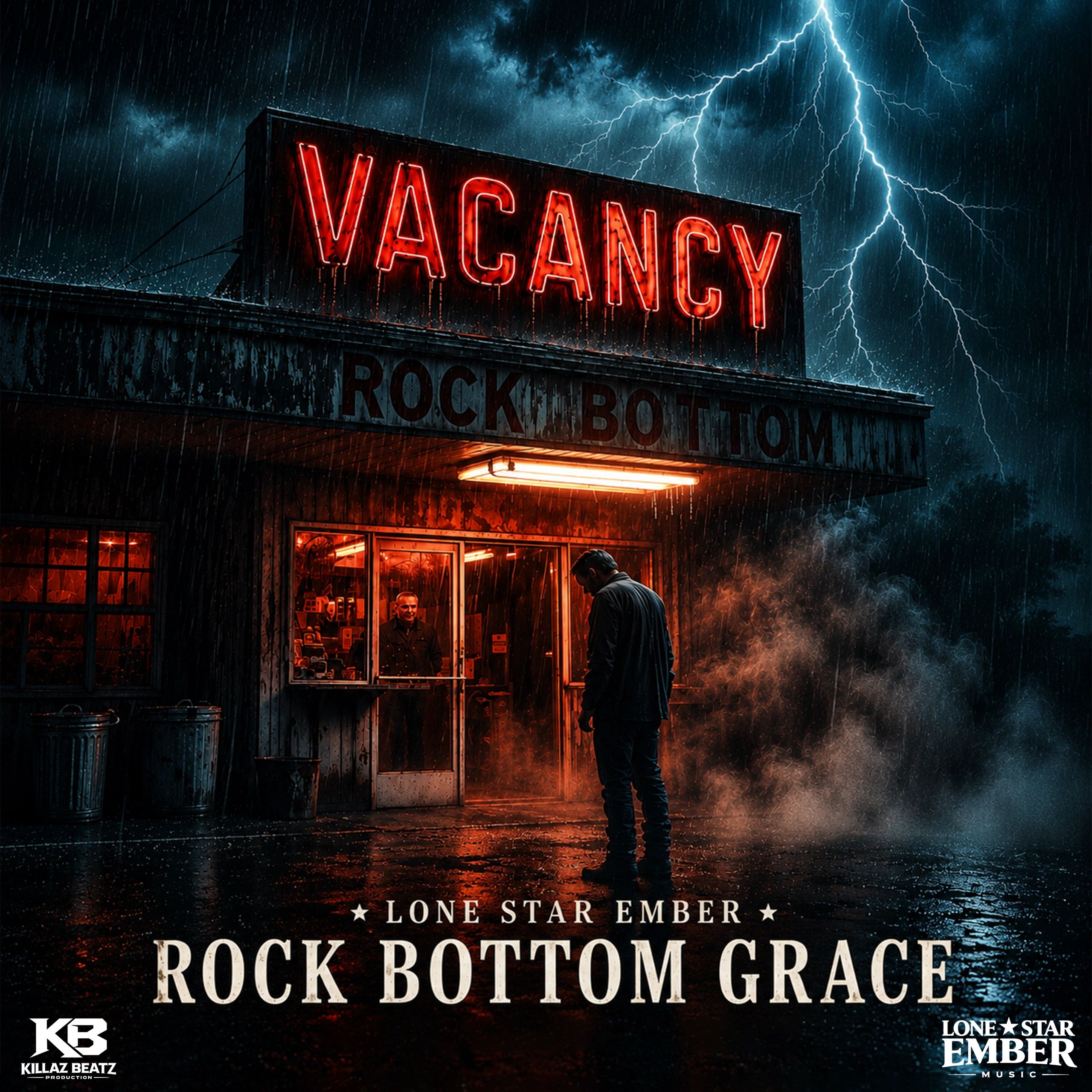 Neon vacancy sign glows during a rainy, stormy night with lightning.