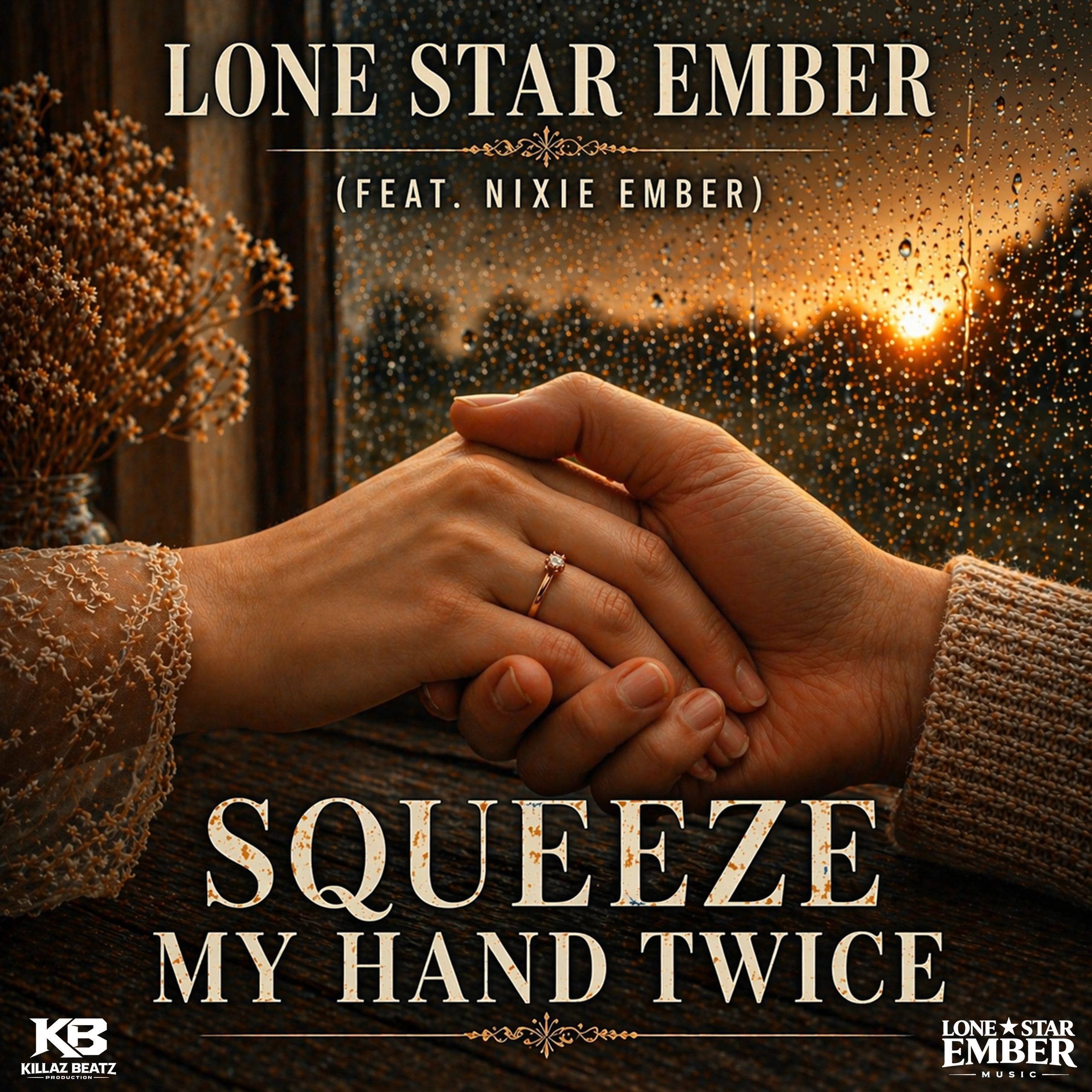 Two hands clasped with a rainy window and text about 'Lone Star Ember' and 'Squeeze My Hand Twice'.