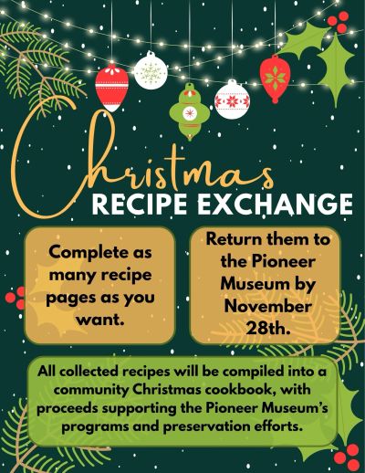 Christmas recipe exchange event flyer with instructions and decorations.
