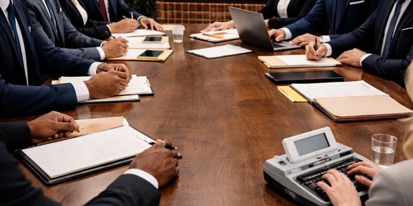 Business professionals in a meeting taking notes around a wooden table.