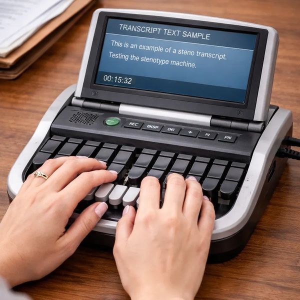 Person typing on a steno machine with transcript displayed on screen.