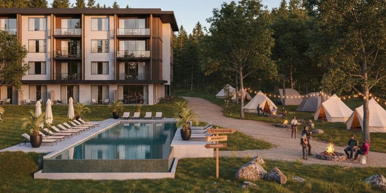 Modern lodge with pool and nearby tents by a lake during sunset.