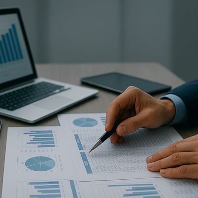 Person analyzing financial charts and graphs with digital devices on a desk.