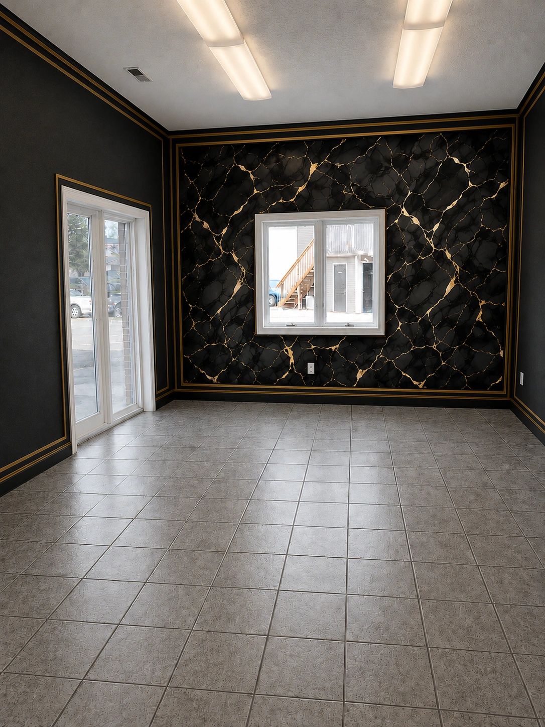 Empty room with black and gold accent wall and tiled floor.