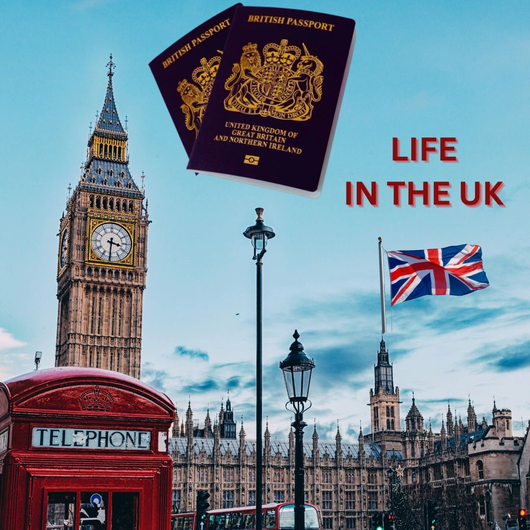 UK flag waving near Elizabeth tower  with iconic red telephone booth. UK passport to inspire UK test 