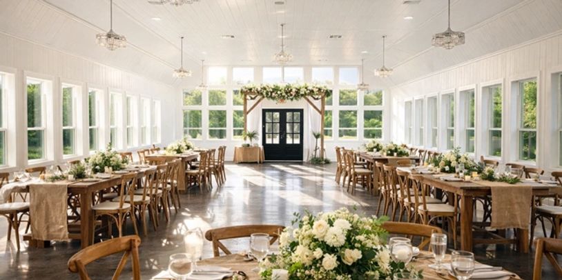 Bright banquet hall with floral decorations and wooden furniture.