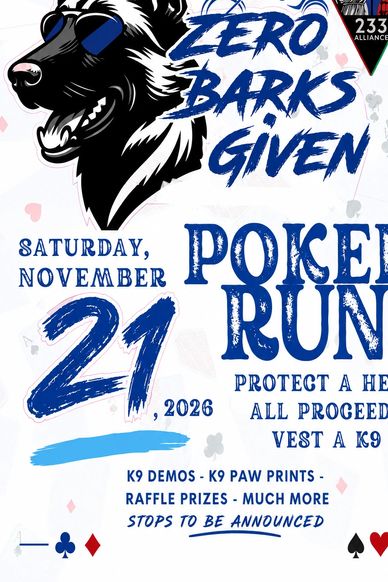 Poster for a K9 charity poker run event on November 21, 2026.
