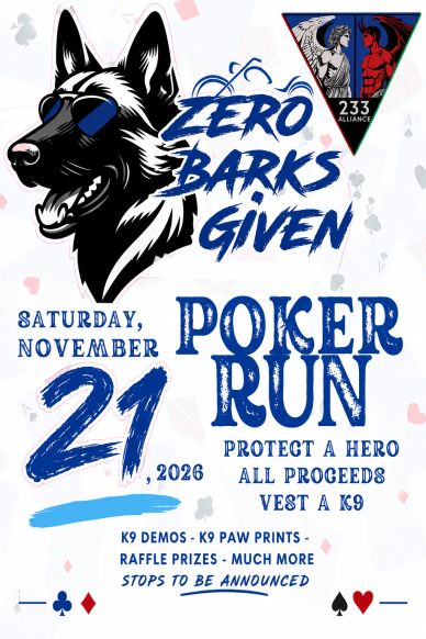 Poster for a K9 charity poker run event on November 21, 2026.